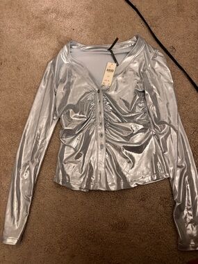 Shimmery Silver Long-Sleeve Ruched Button Front Top
